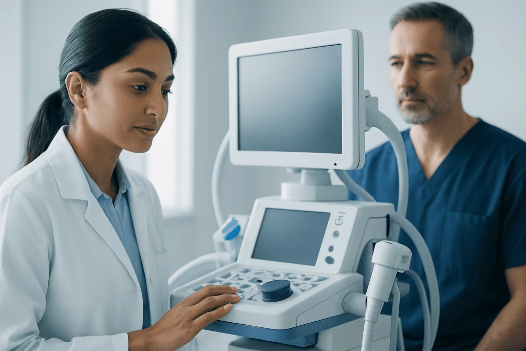 Medical professionals using ultrasound equipment in a clinical setting.