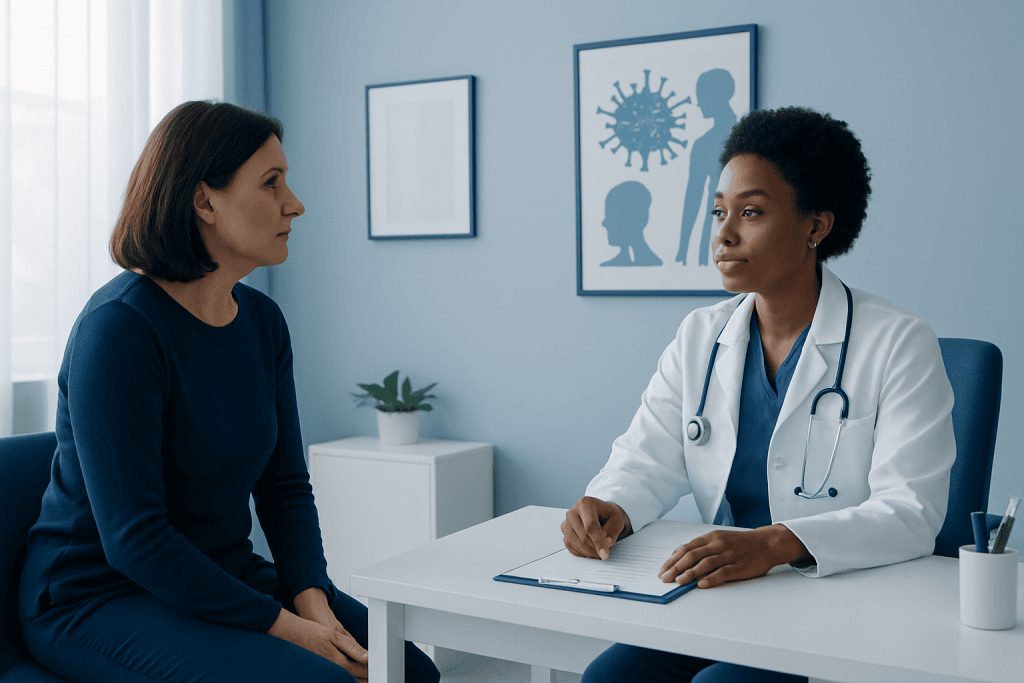 Doctor consulting with a patient in a medical office with virus illustrations on the wall.