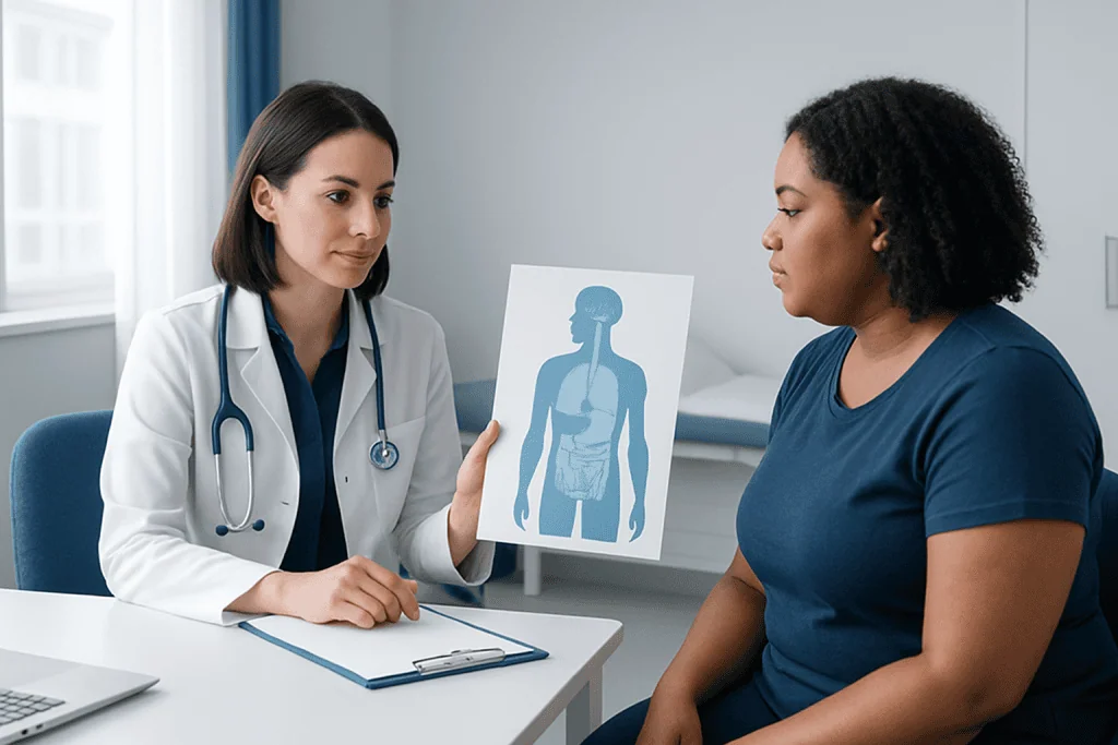 Doctor explaining digestive system diagram to patient in consultation room.