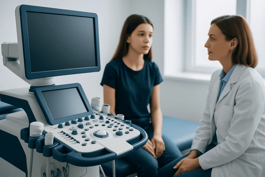 Doctor consulting a teenage girl in a medical examination room.