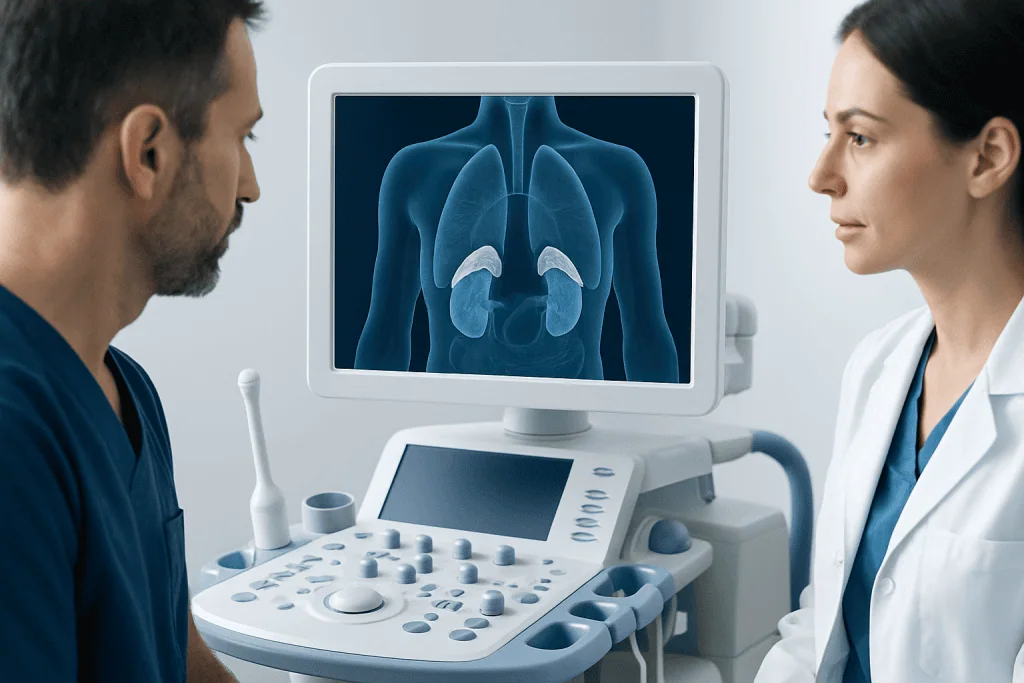 Medical professionals reviewing adrenal gland ultrasound scan in clinic.