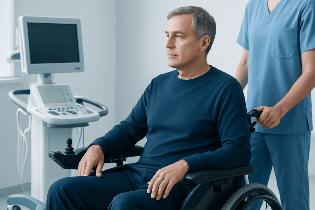 Patient in wheelchair during medical examination at Acibadem Hospital.