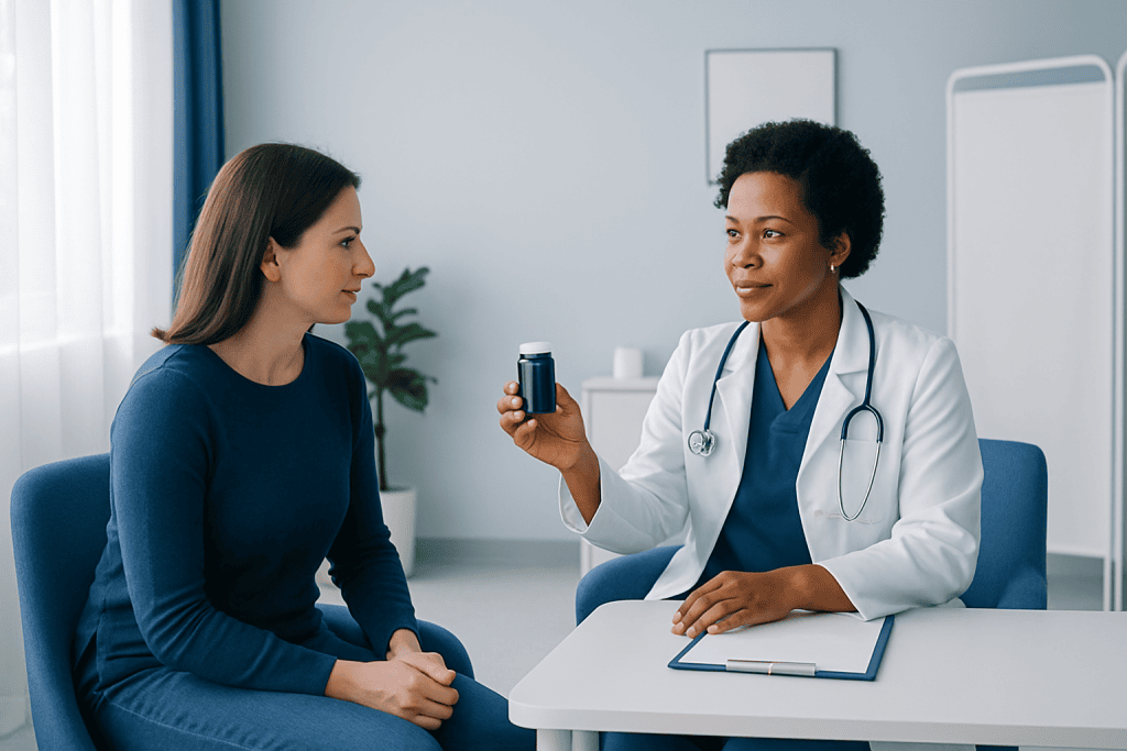 Doctor explaining medication to a patient in a hospital room.