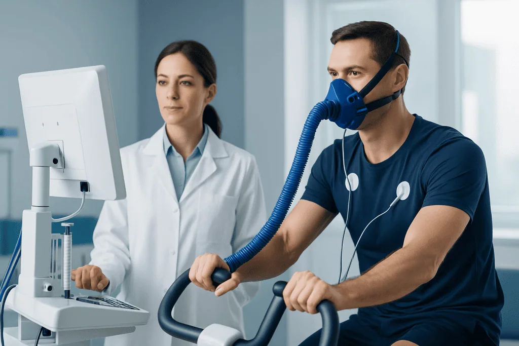 Patient undergoing respiratory test with medical staff assistance at Acibadem Hospital.