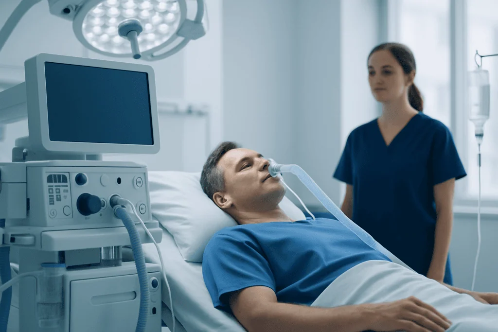 Patient on ventilator in hospital room with nurse nearby.