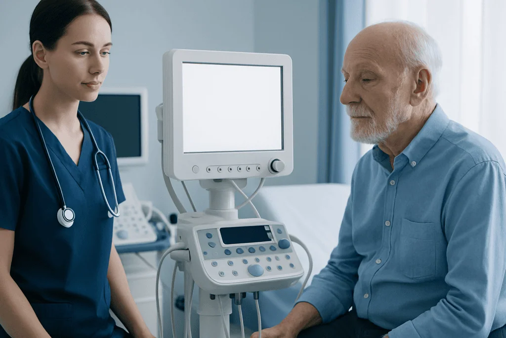 Doctor and elderly patient in a medical consultation with ultrasound equipment.