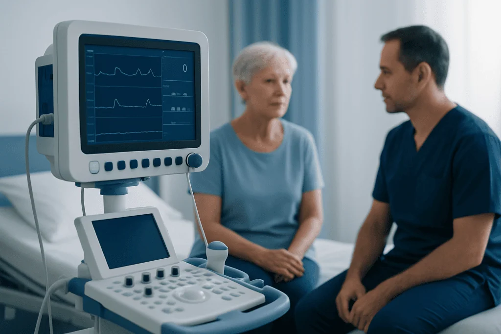 Doctor consulting elderly patient in hospital room with medical monitor.