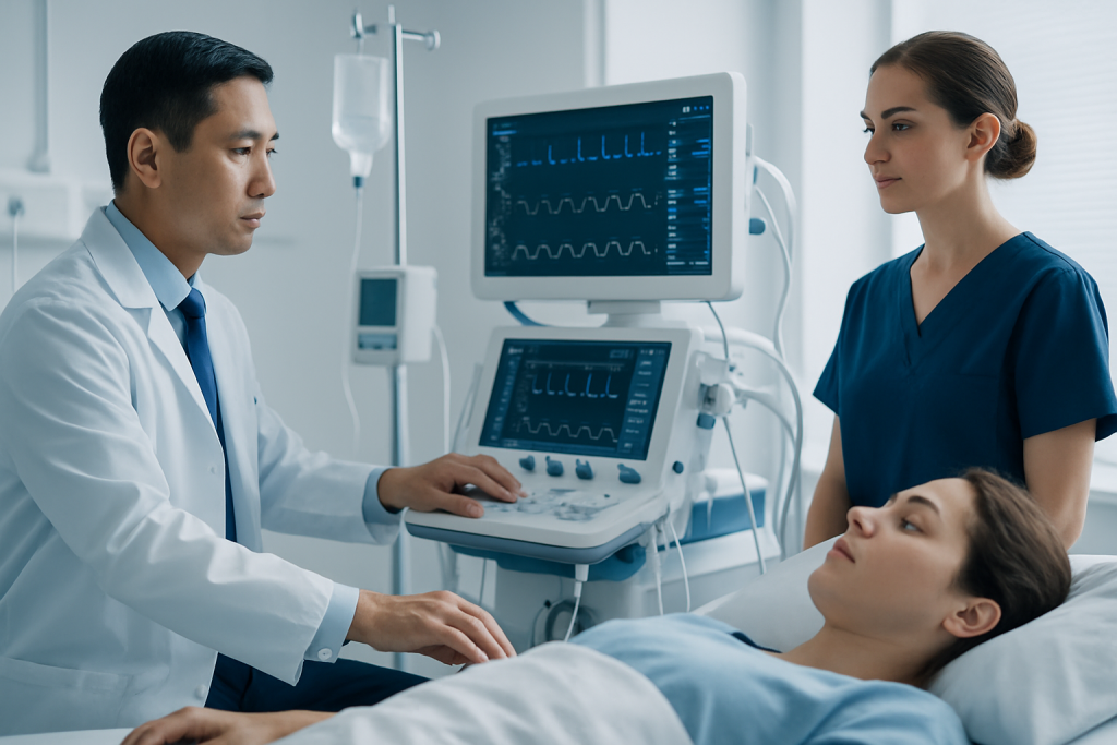 Medical professionals monitor patient with ECG in hospital setting.