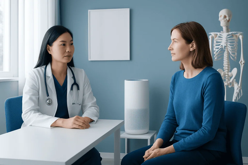 Doctor consulting with patient in a medical office with air purifier nearby.