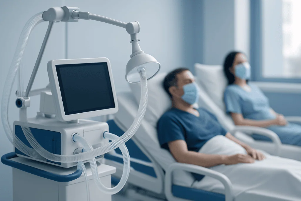 Medical ventilator in hospital room with patients wearing masks.