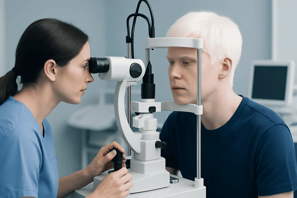 Optometrist examining male patient with slit lamp in clinic.