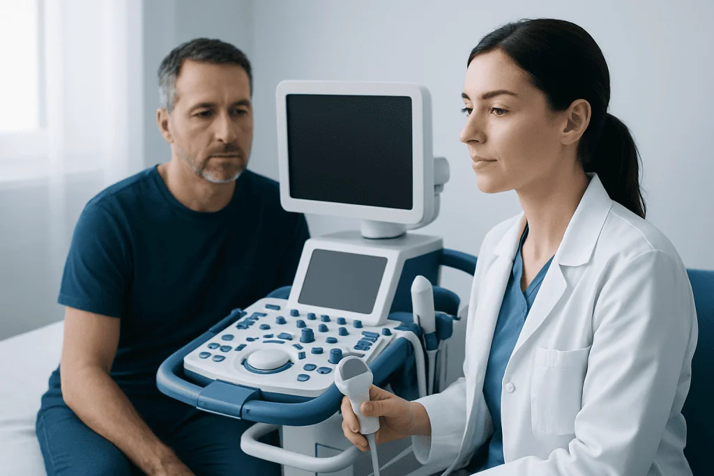 Doctor performing an ultrasound exam on a male patient in a clinic setting.