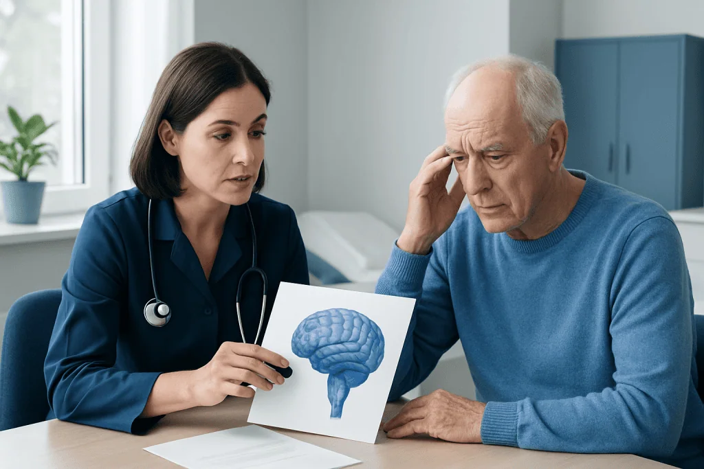 Doctor explaining brain health to elderly patient with brain diagram.