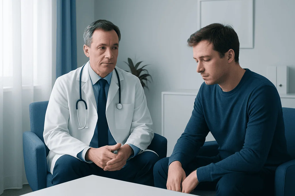 Doctor consulting with a young male patient in a medical office.