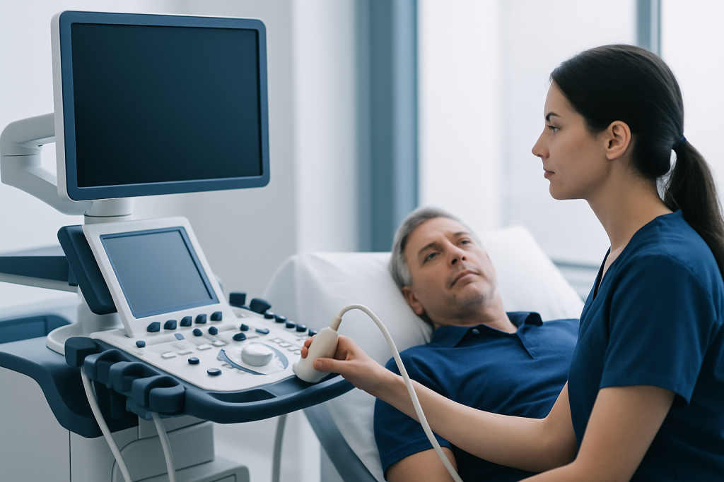 Medical professional performing an ultrasound on a patient in hospital.