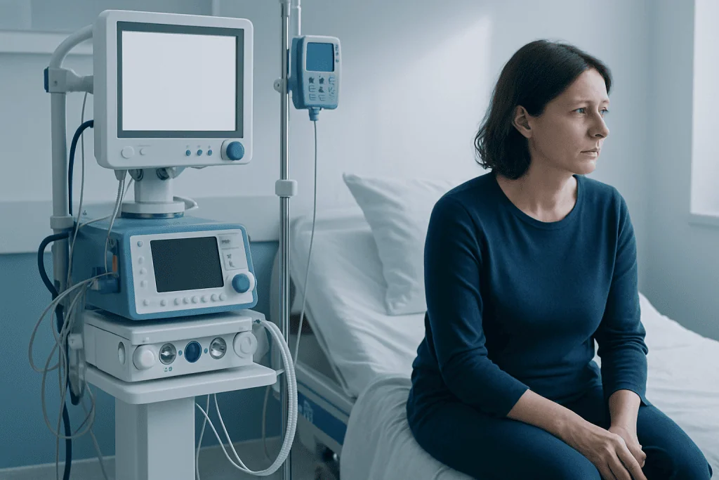 Woman patient sitting in hospital room near medical monitoring equipment.