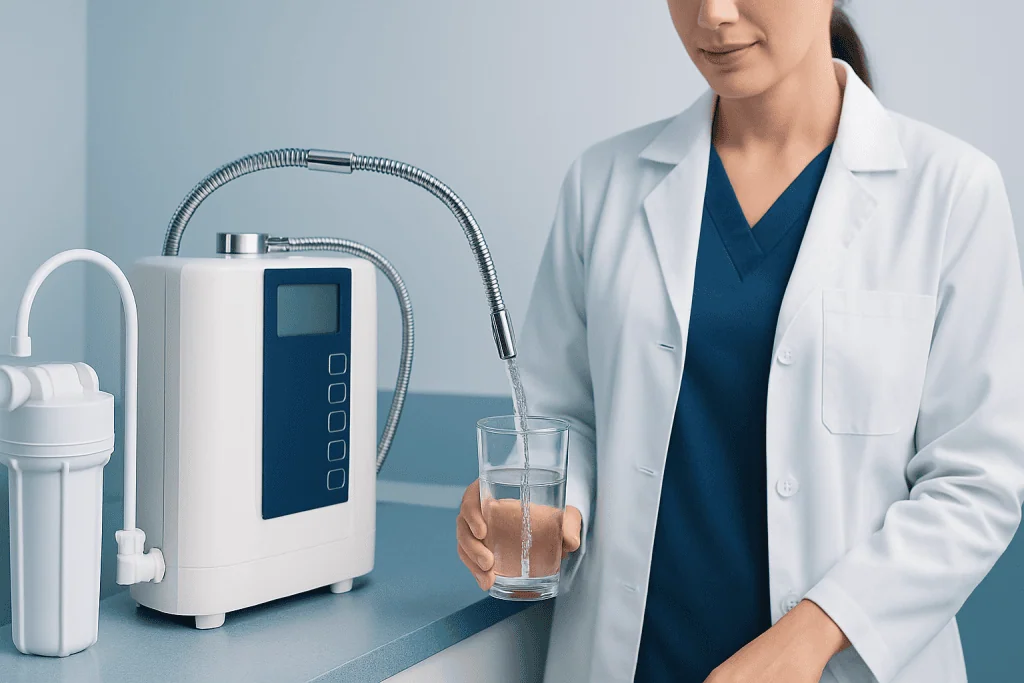 Medical professional filling a glass with water from a water purification device.