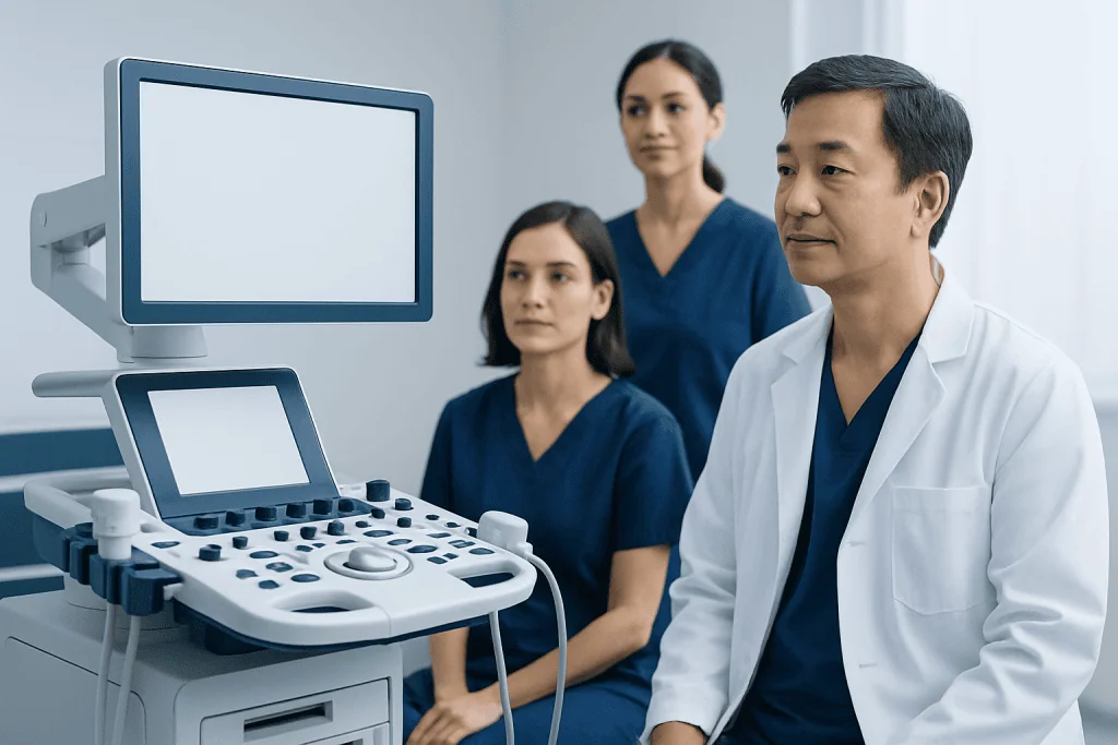 Medical professionals with ultrasound equipment at Acibadem Hospitals Group.