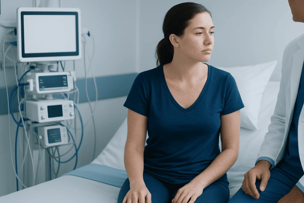 Young woman patient consulting with doctor in hospital room.