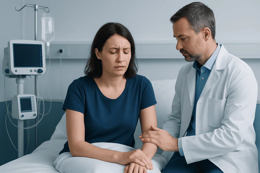 Doctor examining a woman's arm in a hospital room.