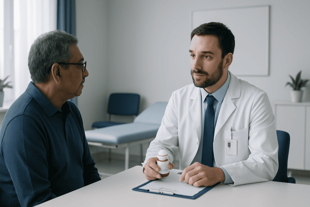 Doctor consulting with patient in a medical office setting.