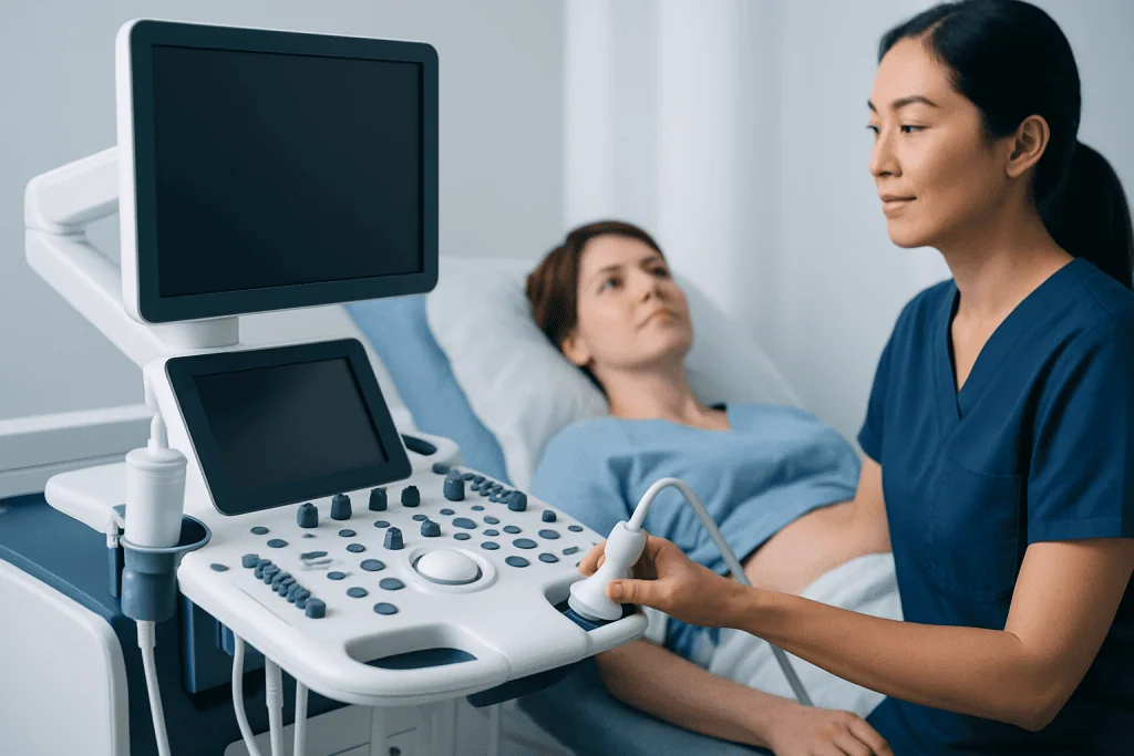 Medical professional performing an ultrasound on a patient in a hospital room.