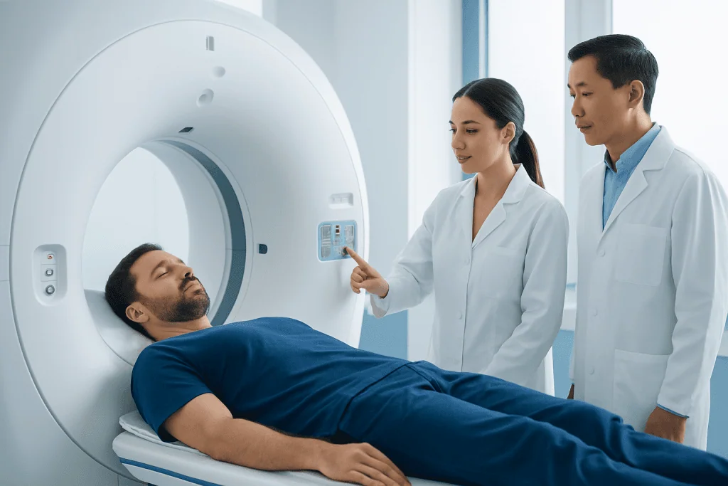 Patient undergoing a CT scan at Acibadem Hospital with medical staff present.