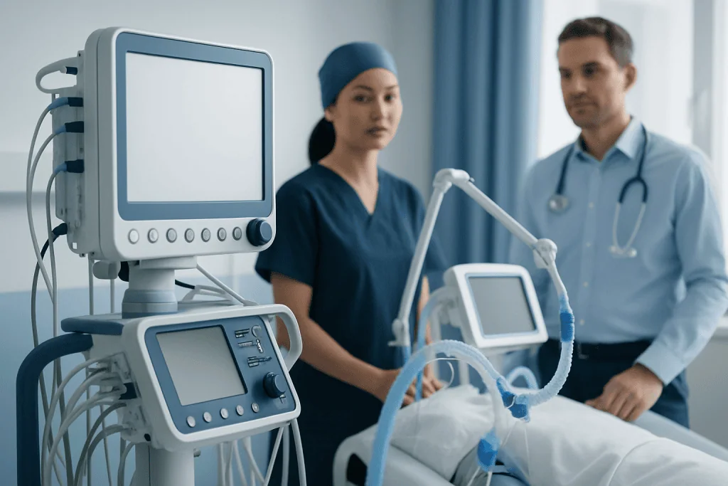 Medical professionals in a hospital room with ventilator equipment and patient bed.