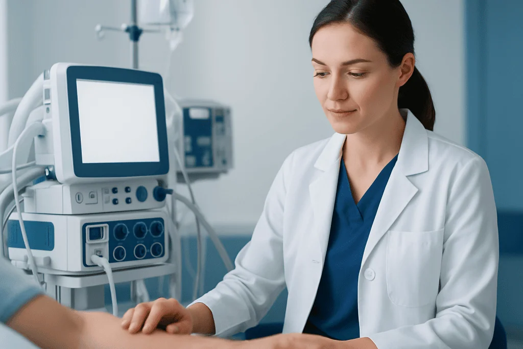 Medical professional using ultrasound machine in hospital setting.
