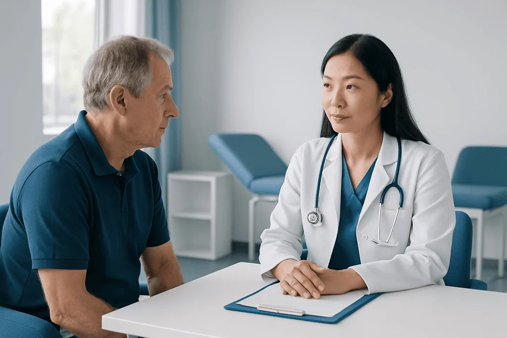 Doctor consulting with an elderly male patient in a medical office.