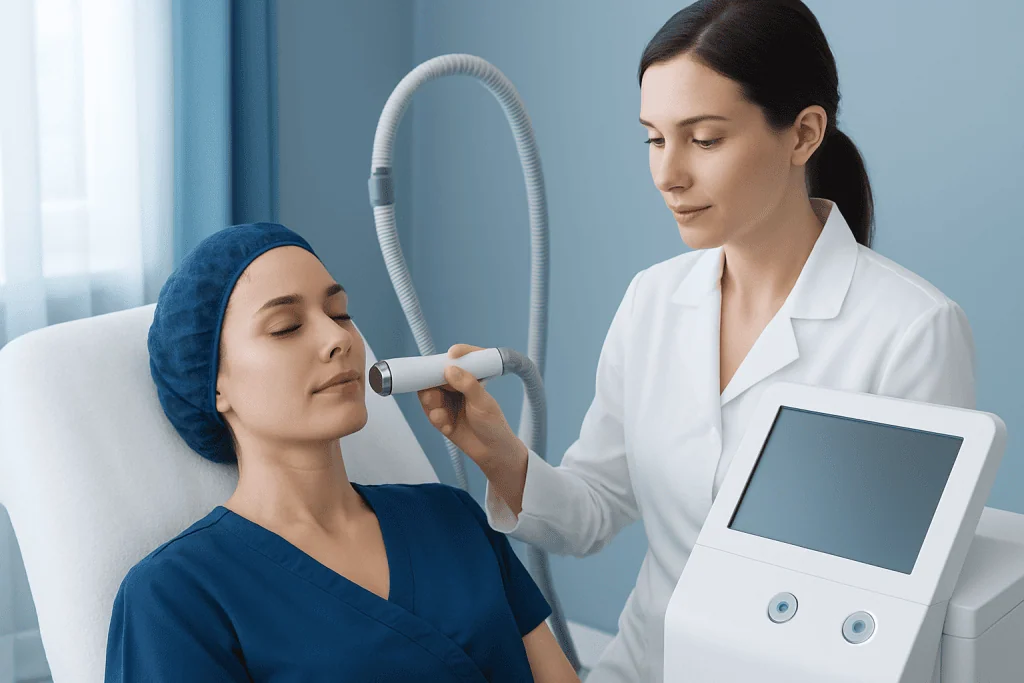 Medical professional performing skin treatment on patient in clinic setting.