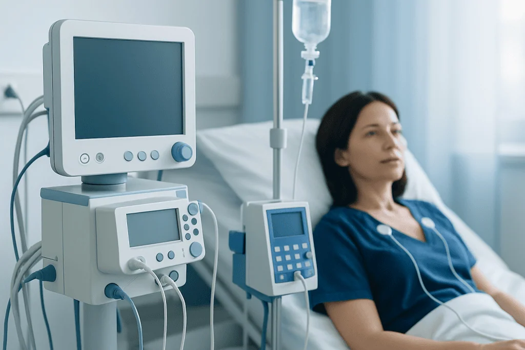 Patient in hospital bed connected to medical monitoring equipment.