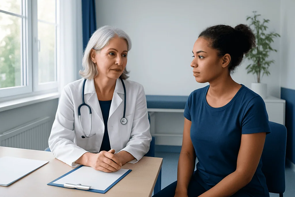Doctor consulting with a young patient in a medical office.