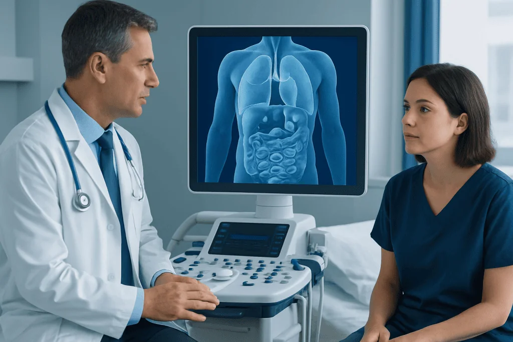 Doctor explaining abdominal scan to young female patient in hospital.