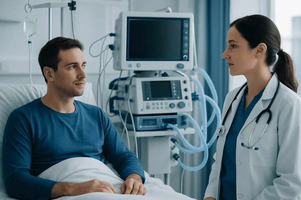 Doctor consulting male patient in hospital room with medical equipment.