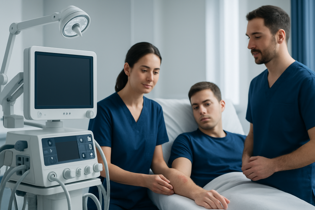 Medical team monitoring patient with ultrasound in hospital room.
