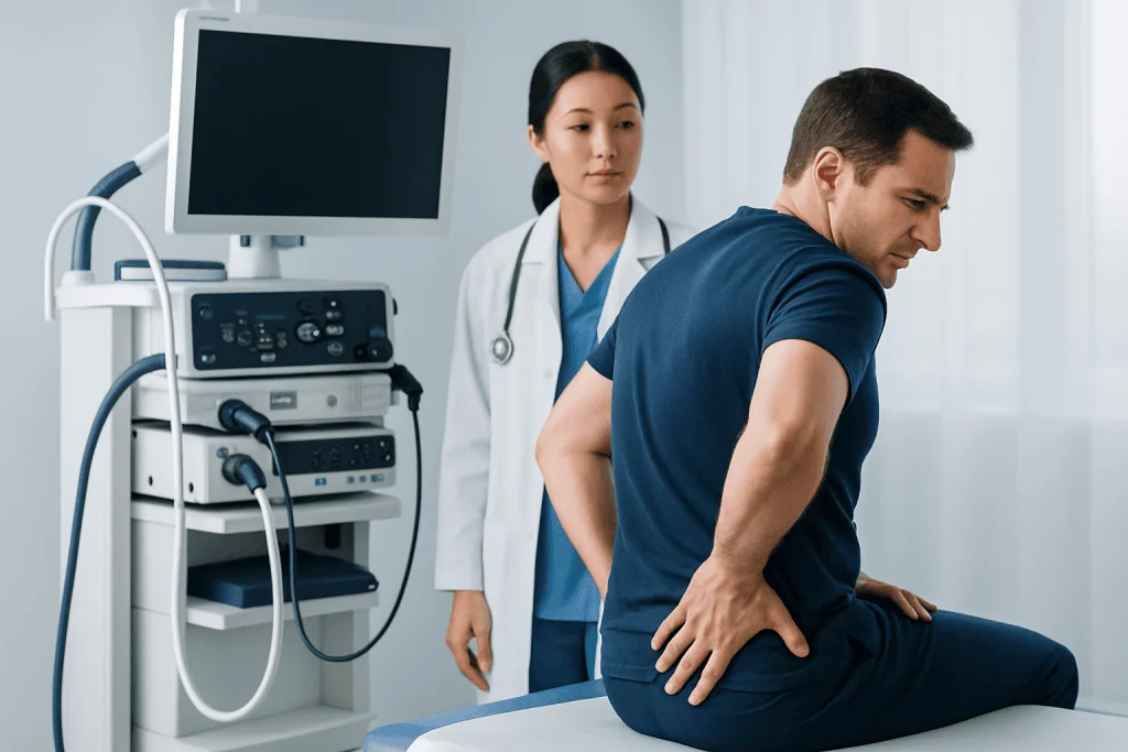Doctor examining a patient with abdominal pain in a clinical setting.