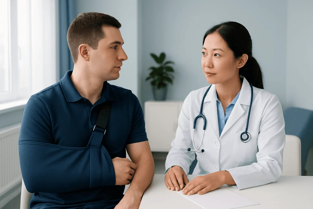 Doctor consulting with a patient with arm injury in a medical office.