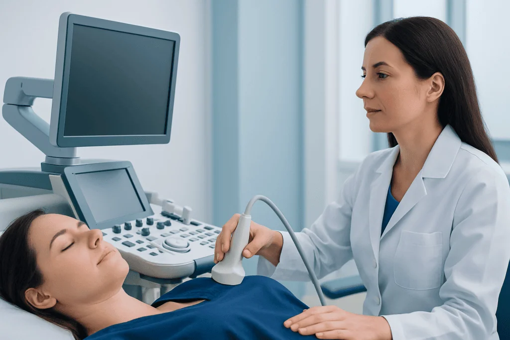 Medical professional performing an ultrasound on a patient in a hospital setting.