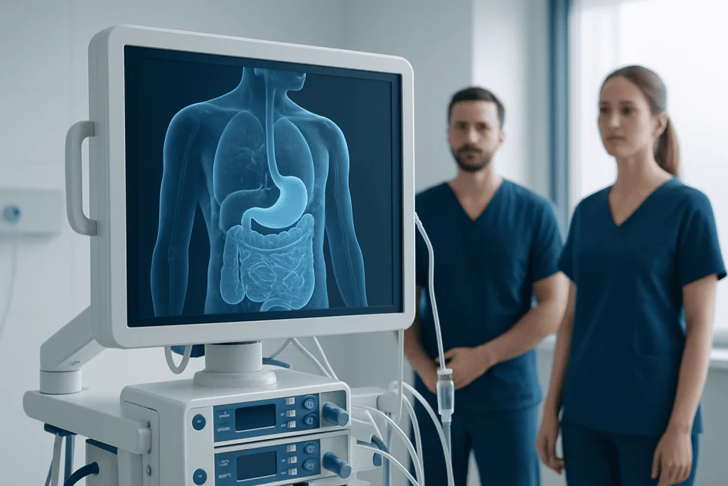 Medical professionals review a 3D scan of the human digestive system on a monitor.