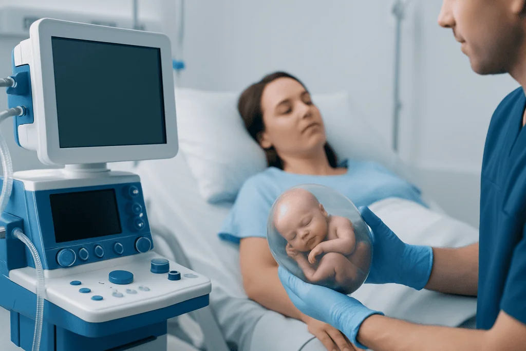 Medical professional showing ultrasound image of a fetus to a patient in hospital bed.