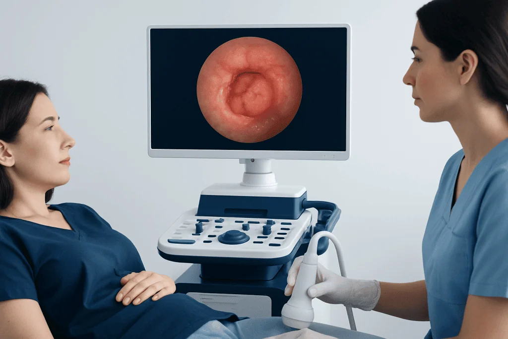Endometrial examination using ultrasound with a patient and doctor.