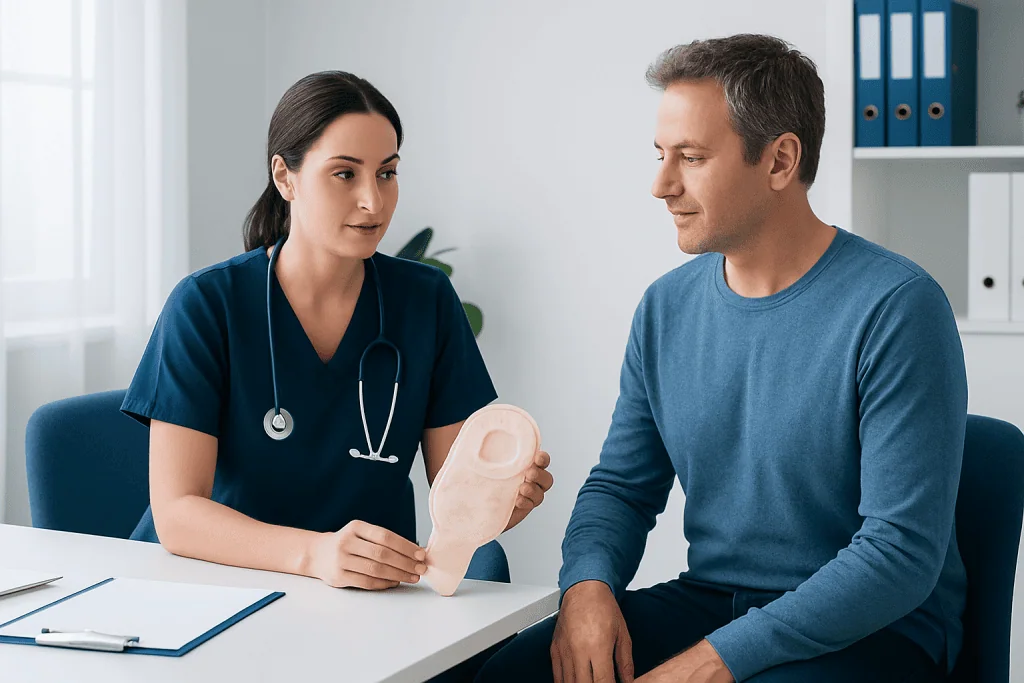 Medical professional explains ileostomy bag to patient in consultation room.
