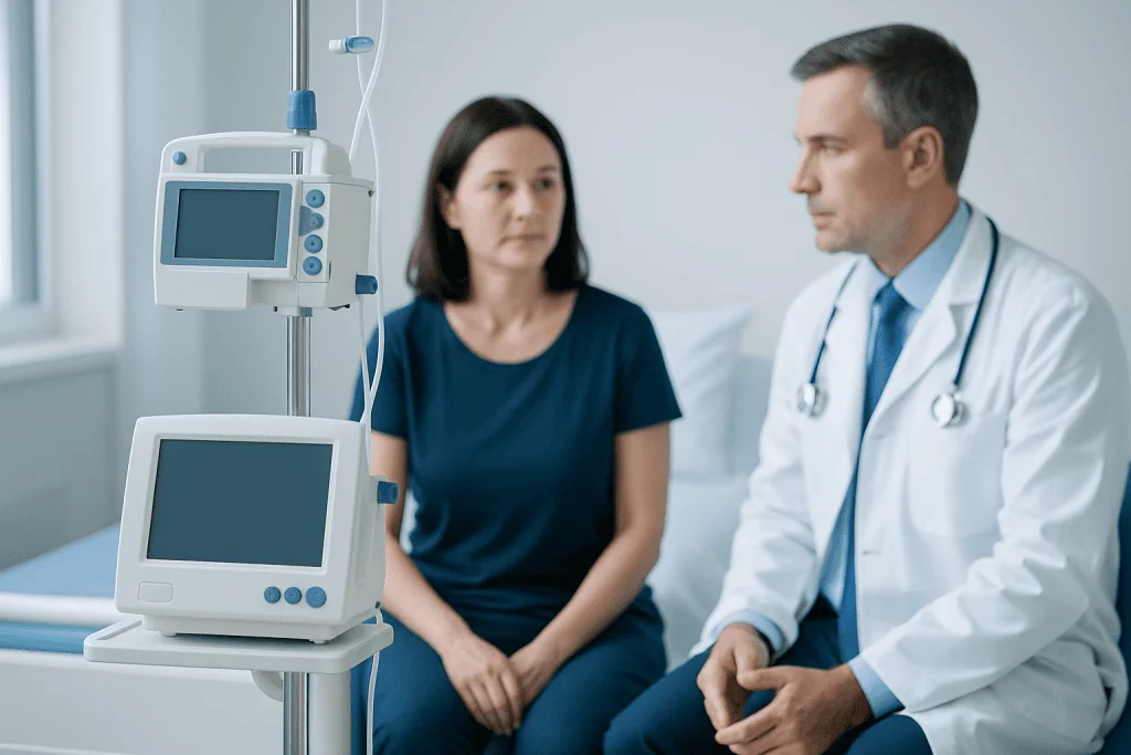 Doctor consulting patient in hospital room with medical monitors.