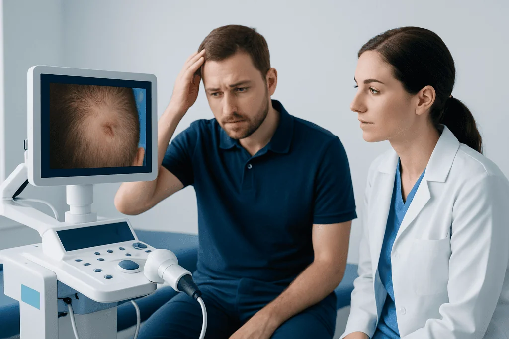 Doctor examines scalp condition on monitor for ingrown hair treatment.