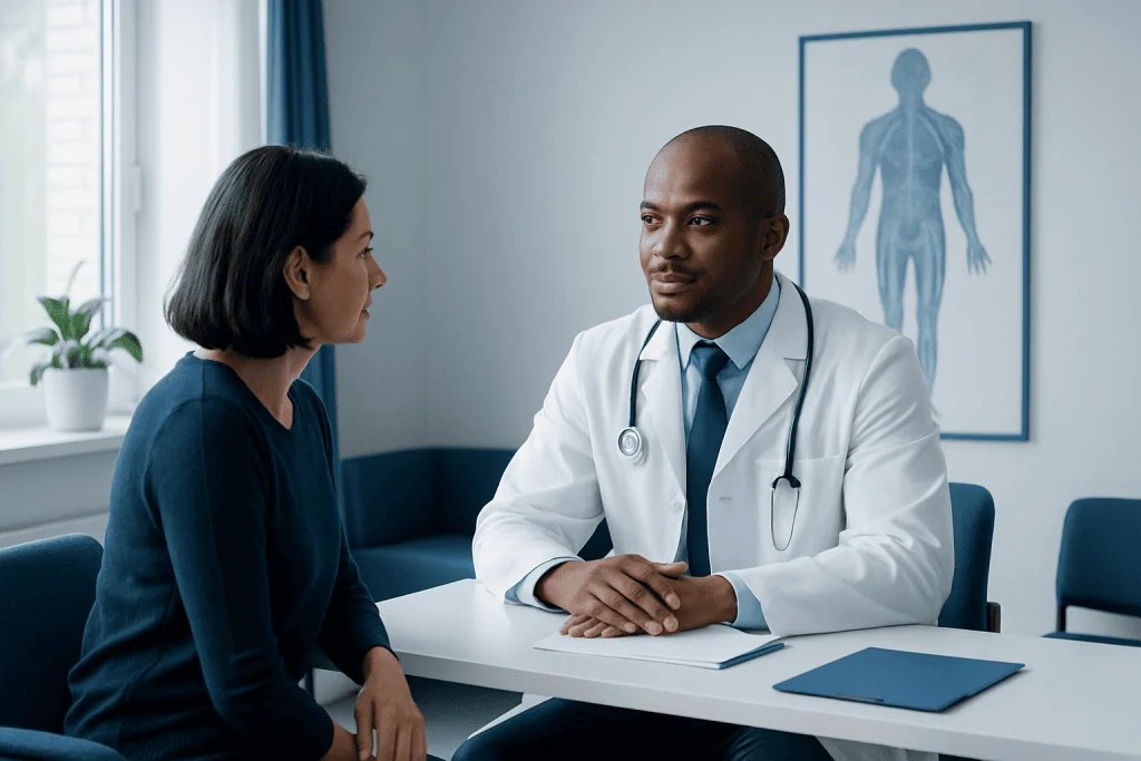 Doctor consulting with a patient in a modern medical office.