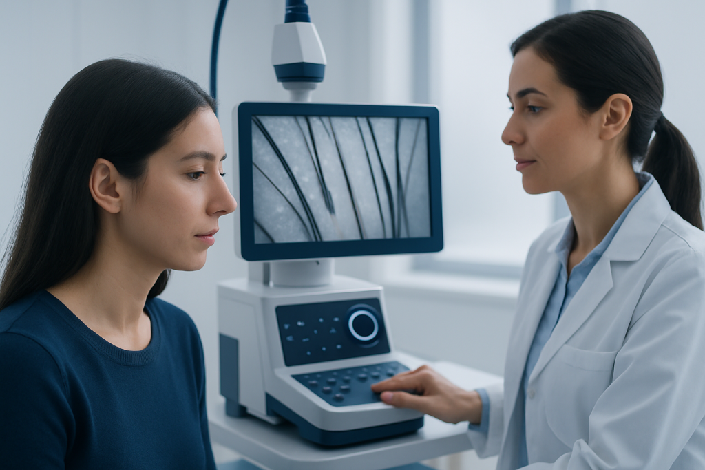 Dermatologist examining scalp with microscope for hair analysis.