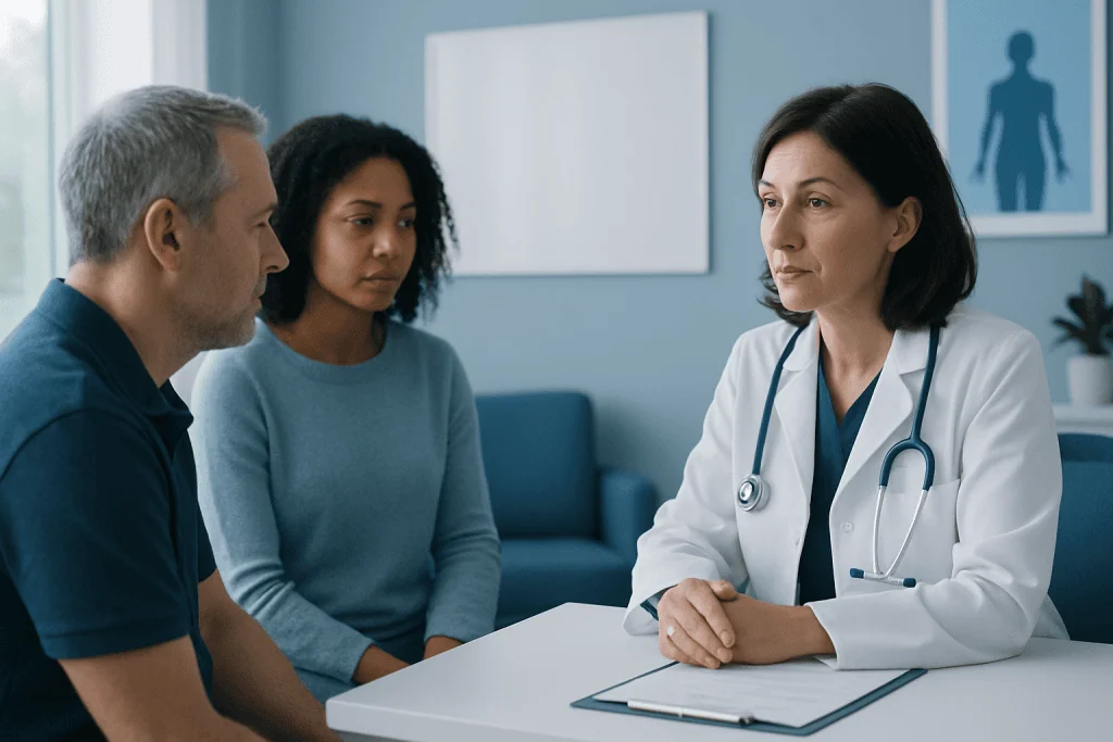 Doctor consulting with two patients in a medical office setting.