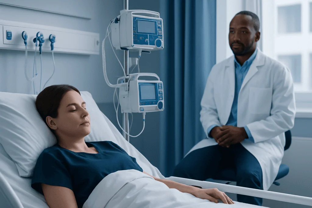 Patient resting in hospital bed with doctor nearby in medical ward.