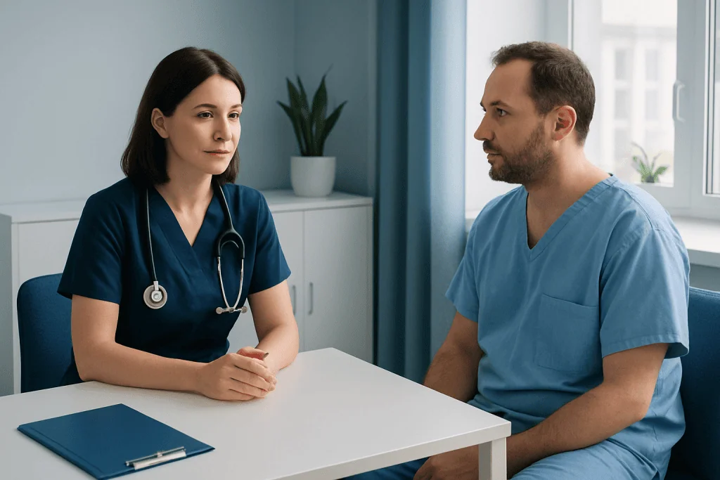 Doctor consulting with male patient in a hospital room.
